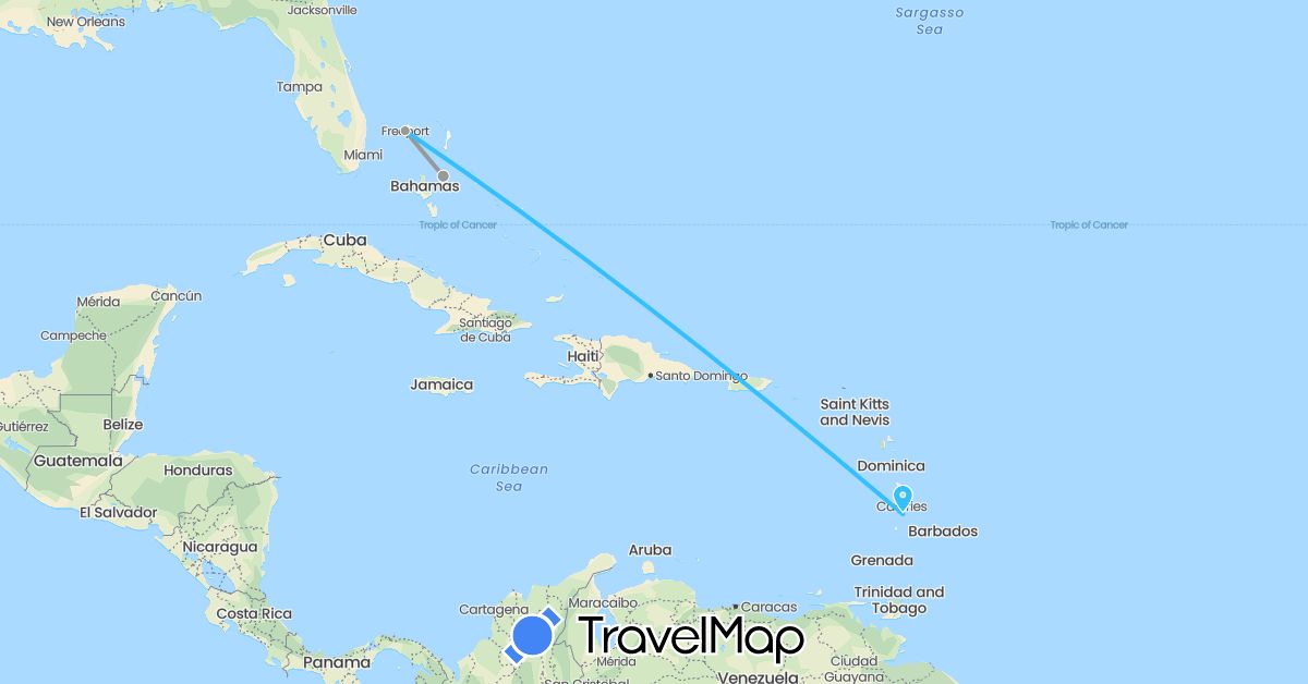 TravelMap itinerary: driving, plane, boat in Bahamas, Saint Lucia (North America)